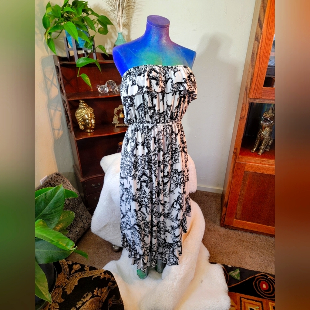 Ace Fashion Bk/Wt Print Off Shoulder Dress hi lo empire waist XL